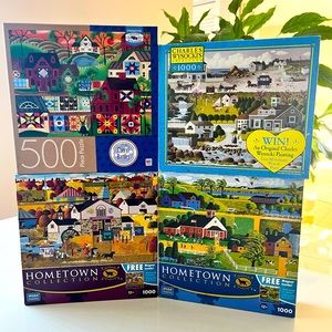 FOUR (4) JIGSAW PUZZLES HOMETOWN COLLECTION WYSOCKI HERONIM 1,000 & 500 PIECES